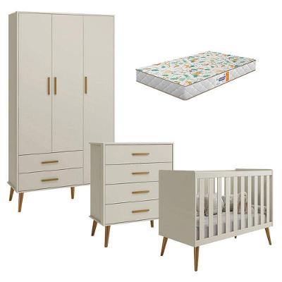 Quarto De Bebê Isis 3 Portas Com Gaveteiro Areia Acetinado E Colchão Gazin - Reller