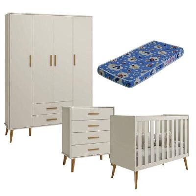 Quarto De Bebê Isis 4 Portas Com Gaveteiro Areia Acetinado Com Colchão Ortobom - Reller
