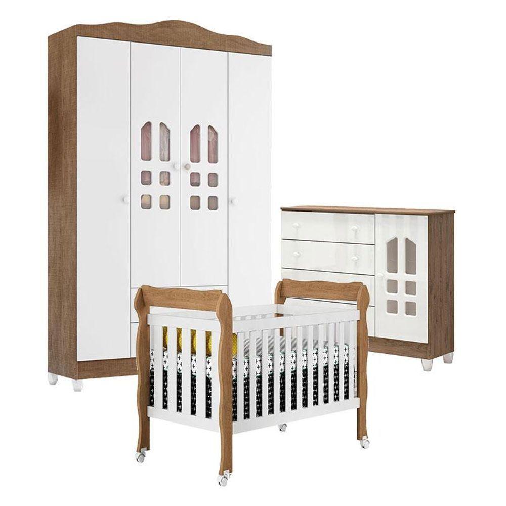 Quarto De Bebê New Selena 4 Portas Com Berço Lila E Cômoda Selena Branco Acetinado Amadeirado - 1