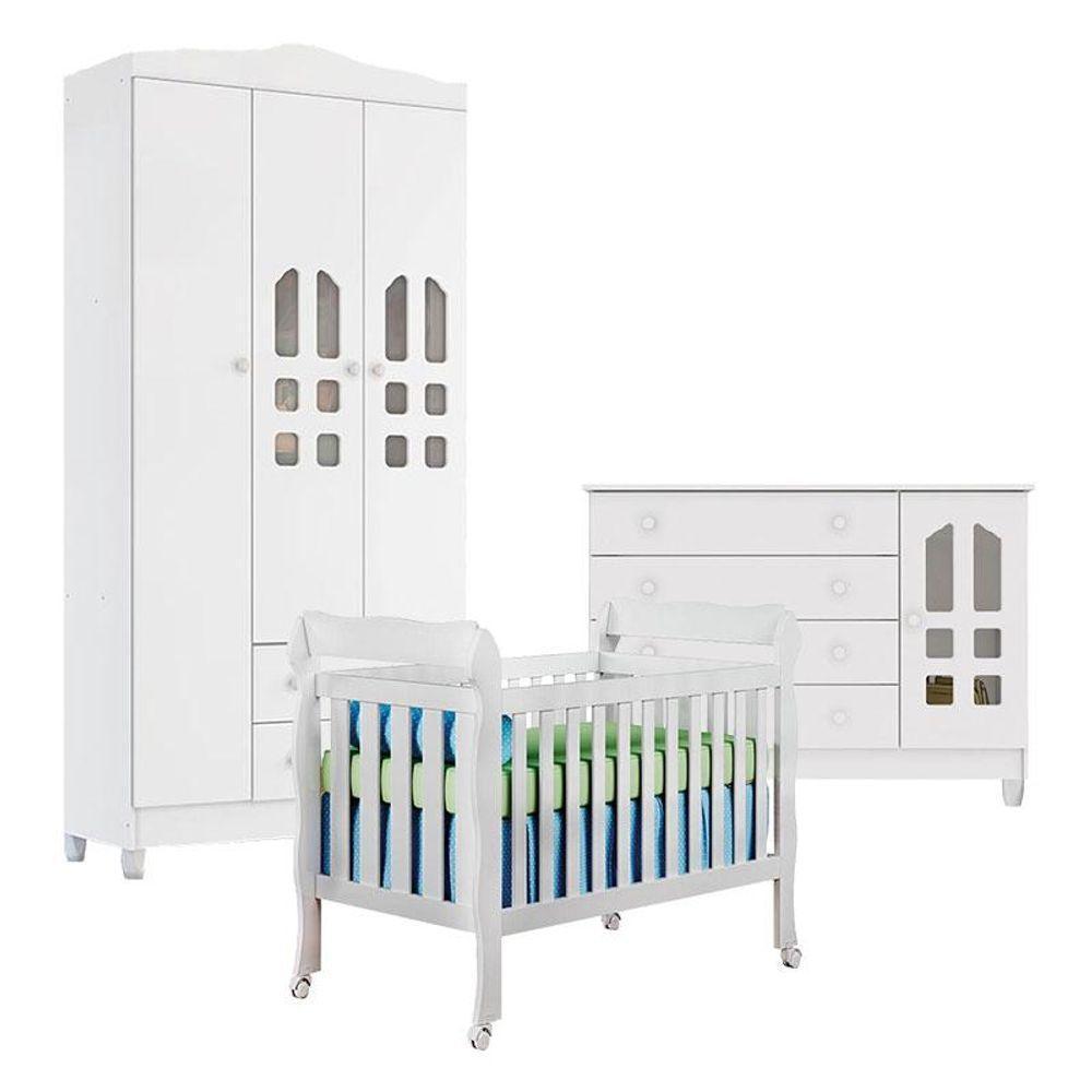 Quarto De Bebê New Selena 3 Portas Com Berço Lila E Cômoda Gran Selena Branco Brilho - 1