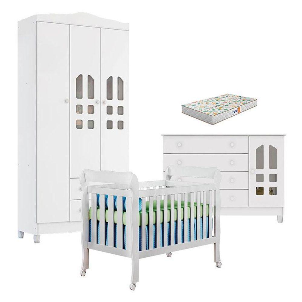 Quarto De Bebê New Selena 3 Portas Berço Lila E Cômoda Gran Selena Branco Brilho E Colchão Gazin - 1