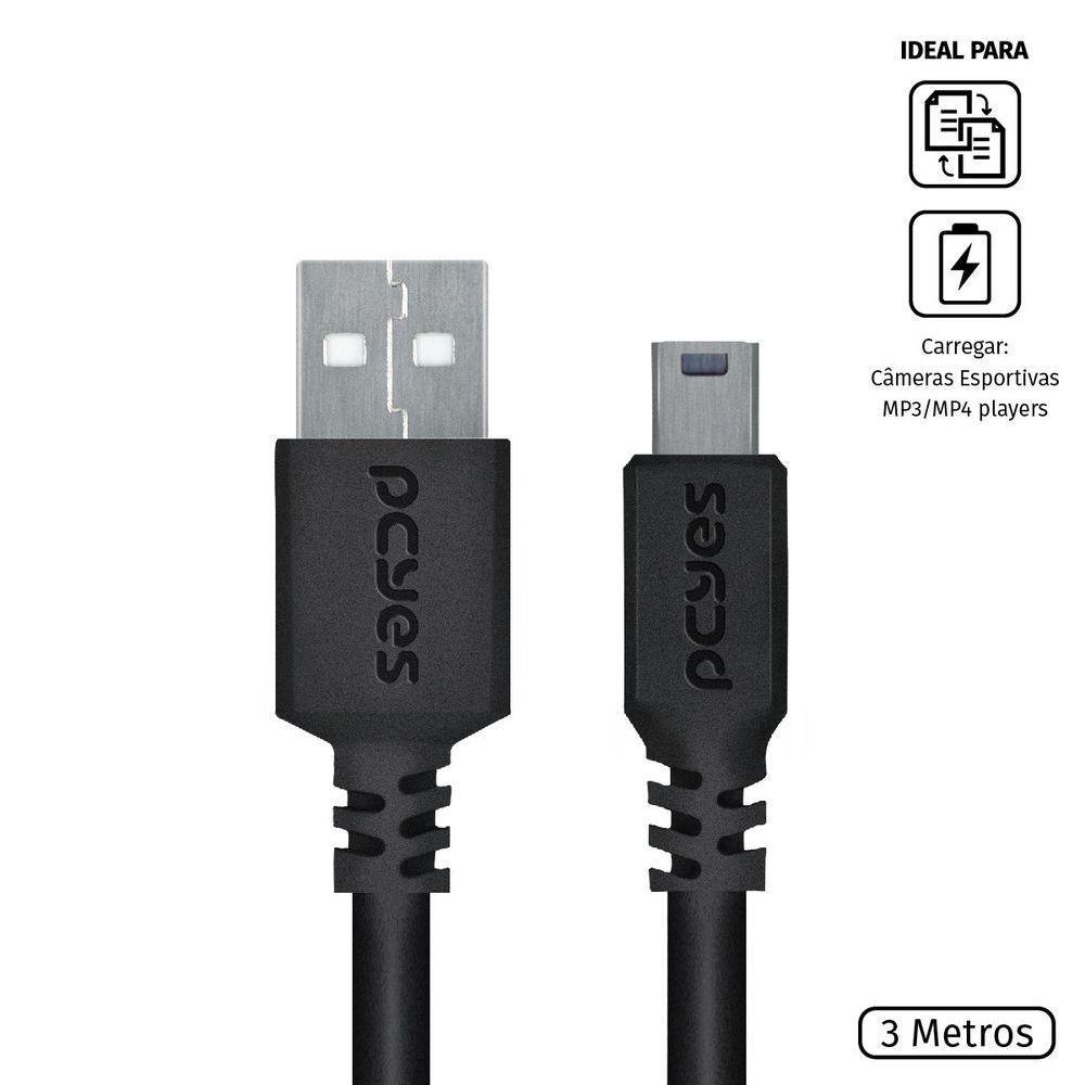 Cabo Usb A 2.0 Macho Para Mini Usb B Macho 28awg Puro Cobre 3 Metros - Puanm2-3 - 3