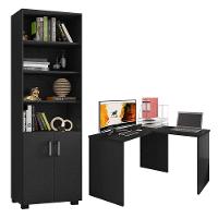 Mesa Para Computador Gávea Com Extensora E Livreiro Office Com Portas Pequenas Preto Trama - 1