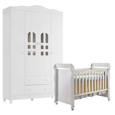 Berço Americano e Guarda Roupa Infantil Mirelle New Selena 4 Portas 2 Gavetas MDF MDP Branco