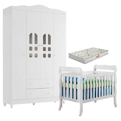 Conjunto Berço Americano Lila em MDF com Colchão Espuma Branco com Guarda Roupa Infantil 4 Portas