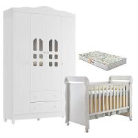 Berço Americano Mirelle E Guarda Roupa New Selena 4 Portas Branco Brilho Colchão Móveis - 1