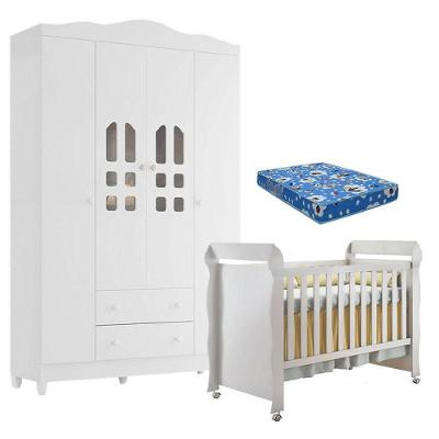Berço Americano e Guarda Roupa Infantil Mirelle New Selena 4 Portas 2 Gavetas MDF MDP Branco