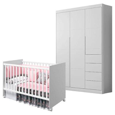 Conjunto Berço Americano Tico e Guarda Roupa Infantil Eloá em MDF Branco Acetinado