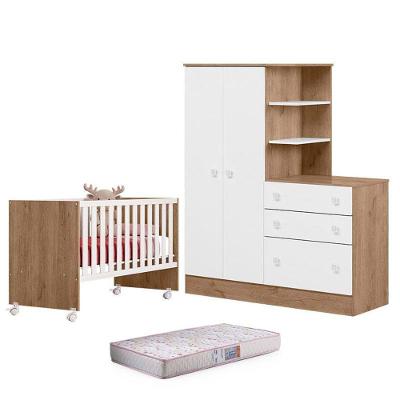 Berço Nacional 3540 E Guarda Roupa Cômoda 4070 Doce Sonho Carvalho Rústico Toq Branco E Colchão
