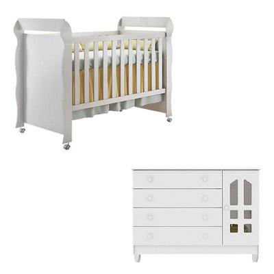 Conjunto Berço Americano Mirelle e Cômoda Infantil Gran Selena MDF Branco Brilho Moderno
