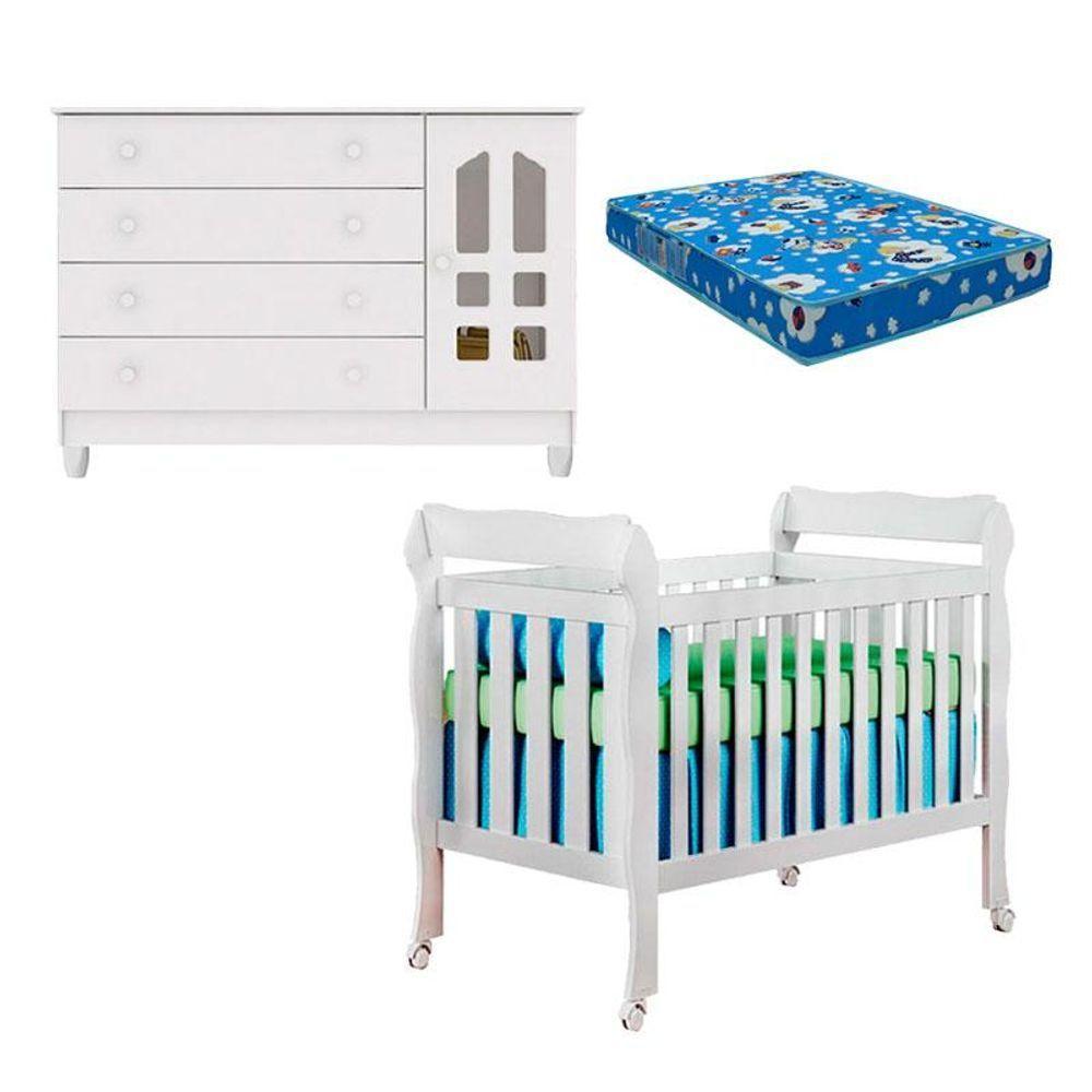 Berço Americano Lila E Cômoda Gran Selena Branco Brilho Colchão - 1