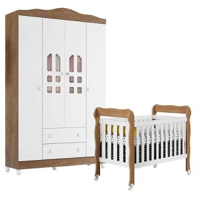 Berço Americano e Guarda Roupa Infantil Lila New Selena 4 Portas 2 Gavetas MDF MDP Branco Acetinado