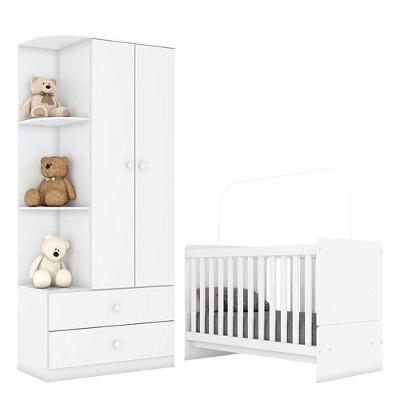 Berço Nacional E Guarda Roupa Infantil Labirinto Branco Brilho - Henn