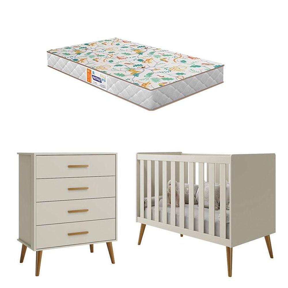 Berço Americano E Cômoda Gaveteiro Infantil Isis Areia Acetinado Colchão - Reller - 1