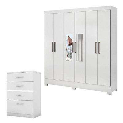 Cômoda Astral e Guarda Roupa Casal Prático 6 Portas 3 Gavetas Branco MDP Demóbile