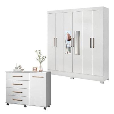 Cômoda e Guarda Roupa Casal Prático 6 Portas 3 Gavetas Branco com Espelho MDP
