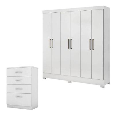 Cômoda e Guarda Roupa Casal Astral Prático 6 Portas 3 Gavetas em MDP Branco