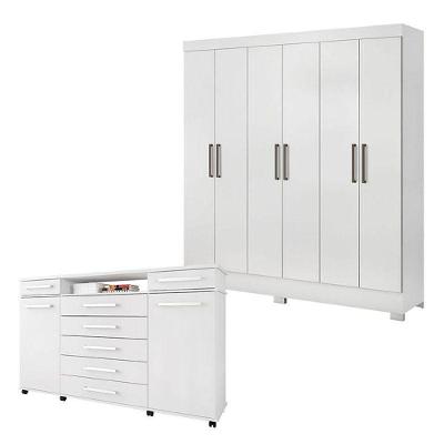 Cômoda e Guarda Roupa Casal London 8 Portas 10 Gavetas em MDP Branco Brilhante