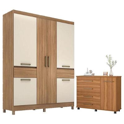 Cômoda e Guarda Roupa Casal Flora Mauá 6 Portas 2 Gavetas em MDP Amêndola Off White