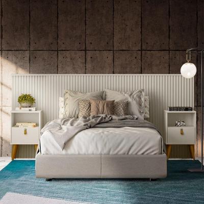 Conjunto Quarto Cabeceira Queen Casal Ripada Com 2 Mesas De Cabeceira Off White Jm Móveis