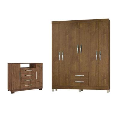 Guarda Roupa Casal e Cômoda Modena Madri 6 Portas de Bater 2 Gavetas MDP Malbec