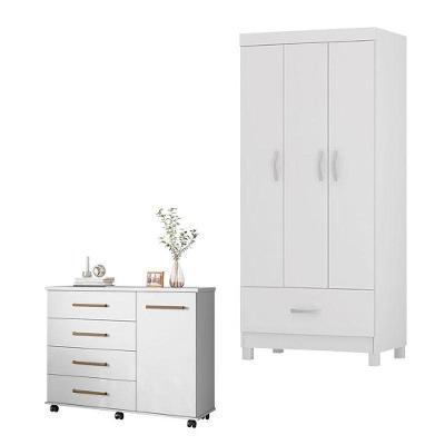 Cômoda e Guarda Roupa Solteiro Flora Prince 4 Portas 5 Gavetas em MDP Branco