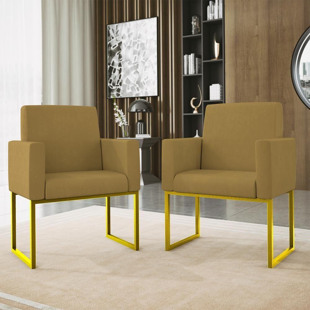 Kit 02 Cadeiras Poltrona Decorativa Sala Quarto Base Dourado Cor: Capuccino - 2