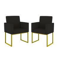 Kit 02 Cadeiras Poltrona Decorativa Sala Quarto Base Dourado Cor: Preto - 1