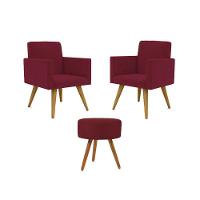 Jogo 02 Poltronas Decorativas + Puff Redondo Oferta Cor: Marsala - 1