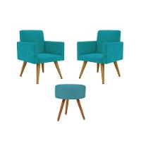 Jogo 02 Poltronas Decorativas + Puff Redondo Cor: Azul Turquesa - 1