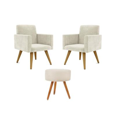 Jogo 02 Poltronas Decorativas + Puff Redondo Cor: Bege