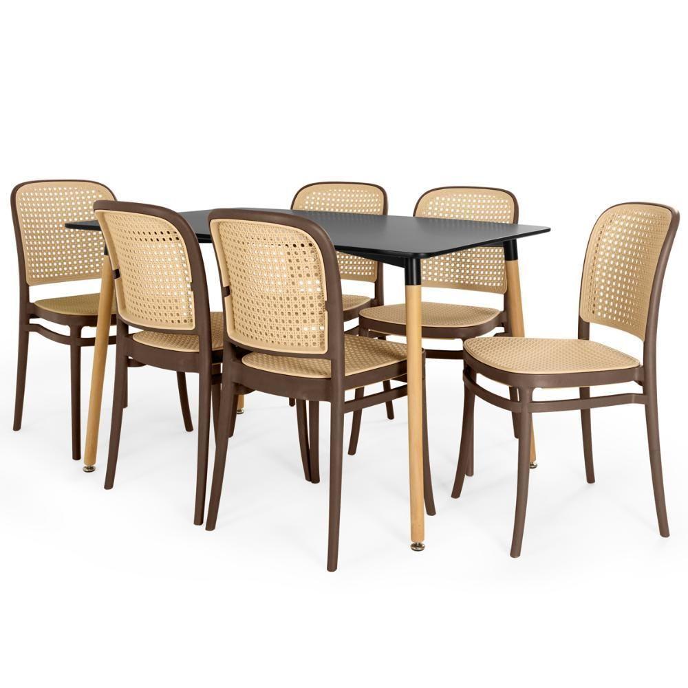 Conjunto Mesa De Jantar Retangular Eiffel Preta 120x80cm Com 6 Cadeiras Roma - Marrom - 1