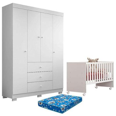 Conjunto Berço e Guarda Roupa Doce Sonho 3540 Duda 4 Portas 3 Gavetas MDP MDF 132 cm Branco Phoenix