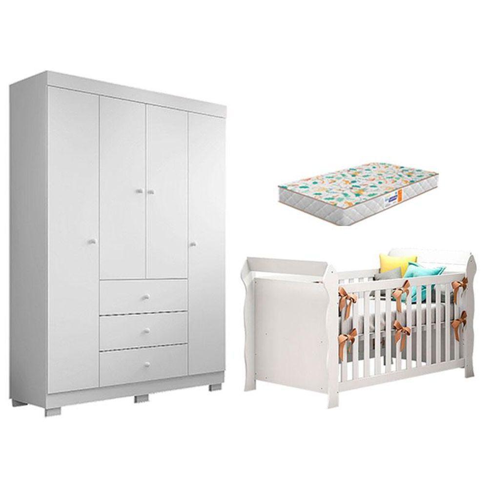 Berço Americano Lara E Guarda Roupa Duda 4 Portas Branco Brilho Com Colchão Gazin - 1