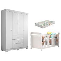 Berço Americano Lara E Guarda Roupa Duda 4 Portas Branco Brilho Com Colchão Gazin - 1