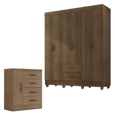 Guarda Roupa Casal 6 Portas E Cômoda 4 Gavetas 01 Porta Lite Carvalho Oak - Móveis Leão