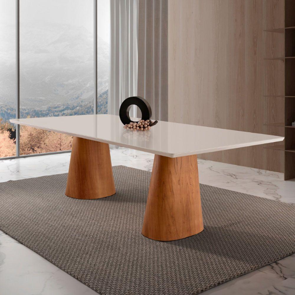 Mesa Para Sala De Jantar Noronha 220cm Madeira Com Vidro Mod Cinamomo Imbuia-off White - 1