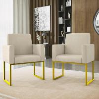 Kit 02 Cadeiras Poltrona Decorativa Sala Quarto Base Dourado Cor: Bege - 2