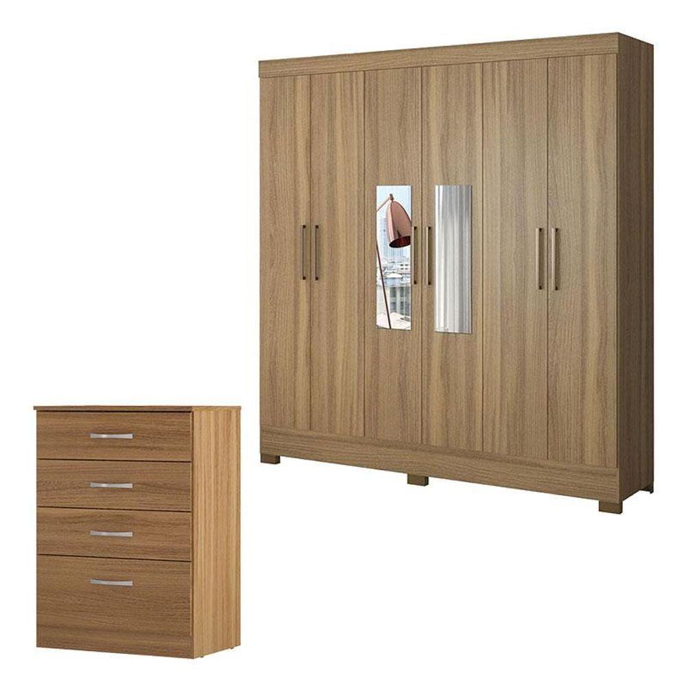 Cômoda Astral E Guarda Roupa Casal Prático Amêndola Touch Com Espelho - Demóbile - 1