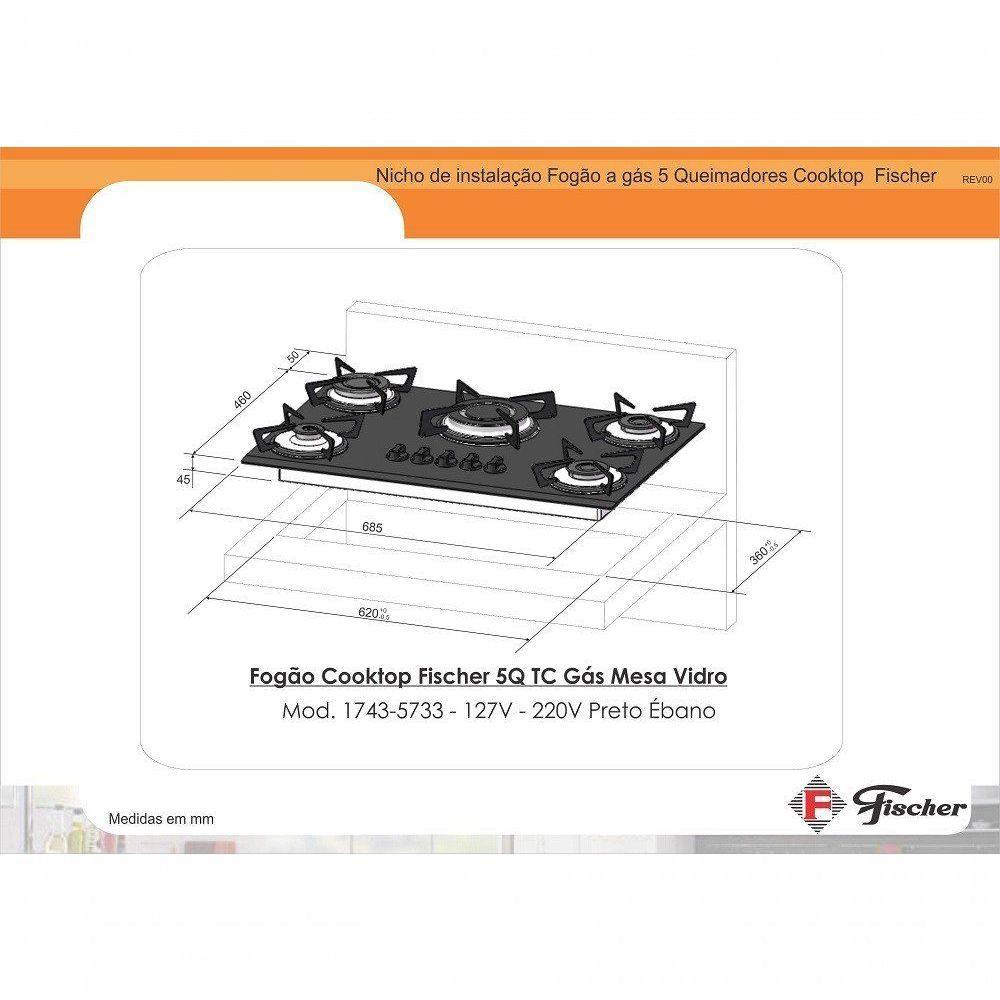 Fogão Cooktop Fischer 5 Bocas Tripla Chama Preto 1743-5733 Bivolt - 2