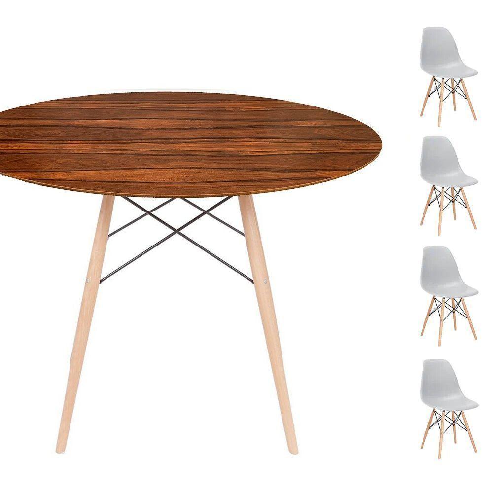 Conjunto Mesa Eames Eiffel Dsw Redonda Pau Ferro 90cm + 4 Cadeiras Eames Dsw - Cinza - 1