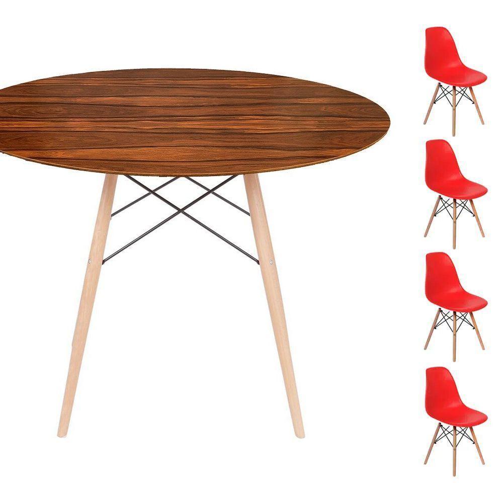Conjunto Mesa Eames Eiffel Dsw Redonda Pau Ferro 90cm + 4 Cadeiras Eames Dsw - Vermelha - 1