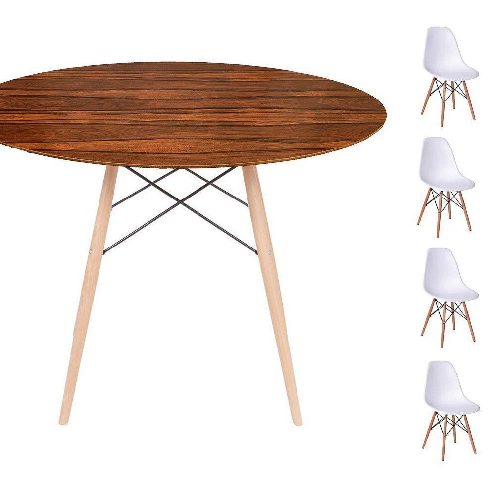 Conjunto Mesa Eames Eiffel Dsw Redonda Pau Ferro 90cm + 4 Cadeiras Eames Dsw - Branca - 1
