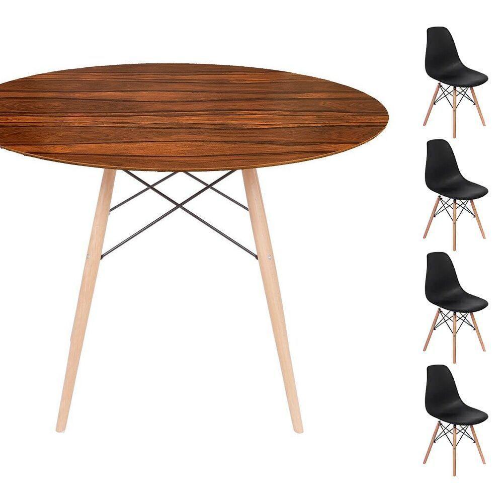 Conjunto Mesa Eames Eiffel Dsw Redonda Pau Ferro 90cm + 4 Cadeiras Eames Dsw - Preta - 1