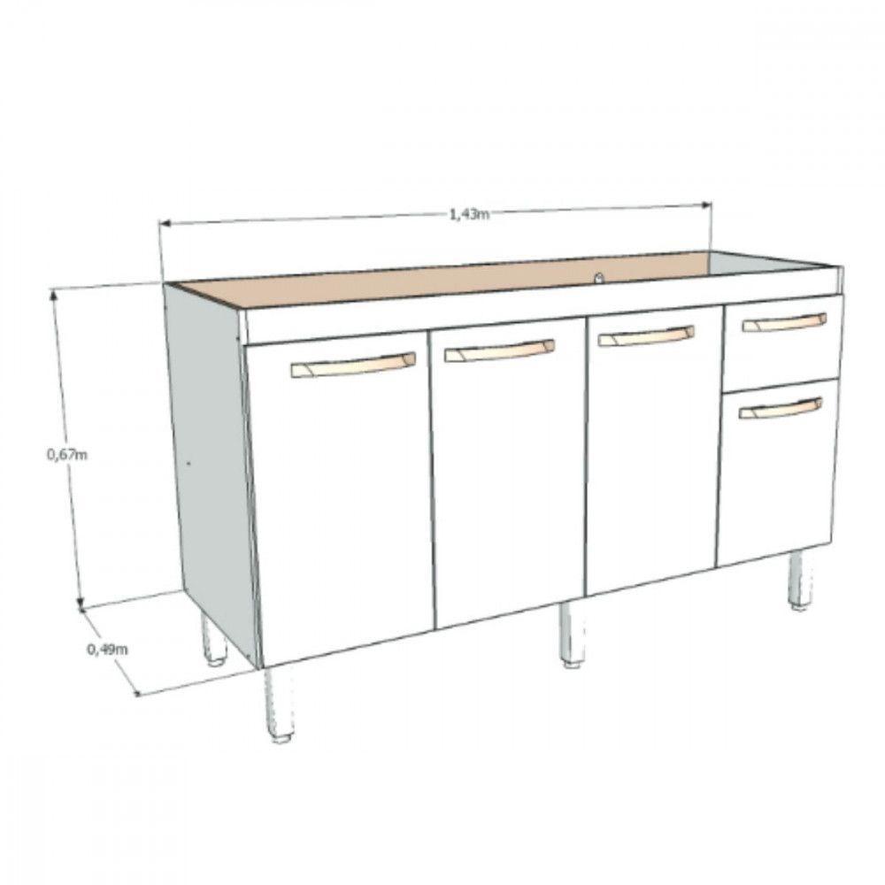 Balcão Flat De Cozinha Para Pia 4 Portas 1 Gaveta 1,43 Branco Com Preto - 3
