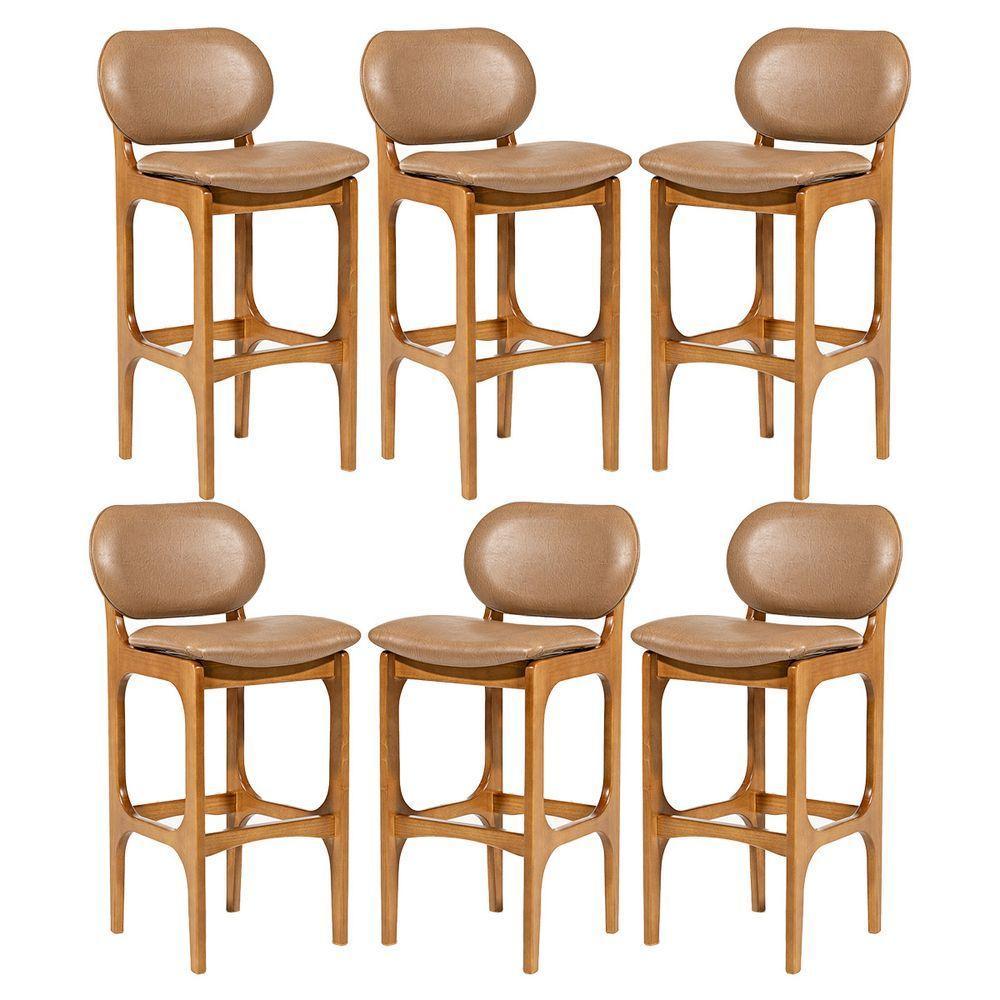 Kit 6 Banquetas Alta Estofada Rafine Madeira Castanho Tecido Impermeável Marrom - 1