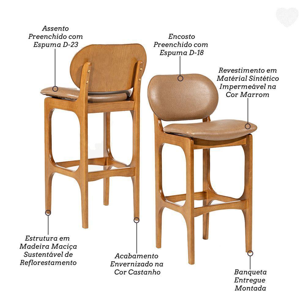 Kit 6 Banquetas Alta Estofada Rafine Madeira Castanho Tecido Impermeável Marrom - 5