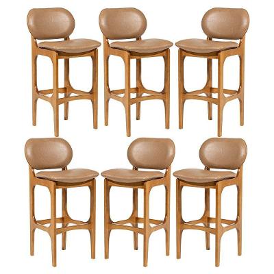 Kit 6 Banquetas Alta Estofada Rafine Madeira Castanho Tecido Impermeável Marrom