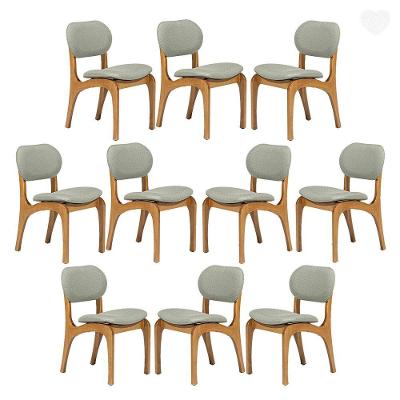 Kit 10 Cadeiras De Jantar Estofada Rafine Madeira Castanho Linho Verde