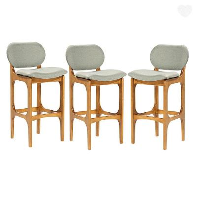 Kit 3 Banquetas Alta Estofada Rafine Madeira Maciça Castanho Linho Verde